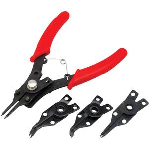 lot 8073 image: Performance Tool 1435 Interchangeable Head Snap Ring Pliers with Straight, 45 Degree and 90 Degree Angled Heads for Internal and External Use