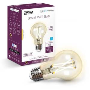 lot 8091 image: Feit Electric A1960CL927CAFILAG 60 Watt Equivalent WiFi Dimmable, No Hub Required, Alexa or Google Assistant, Filament A19 LED Smart Light Bulb, 4in H x 2.25in D, 2700K Soft White