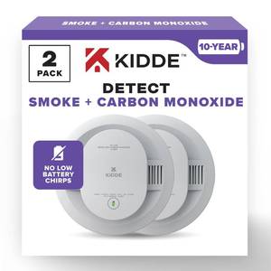 lot 8120 image: Kidde Smoke and Carbon Monoxide Detector, 10-Year Battery Powered, LED Warning Light Indicators, 2 Pack - Retail $119.56