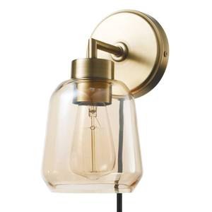 lot 9016 image: Globe Electric 51715 1-Light Plug-in or Hardwire Wall Sconce, Matte Brass, Smoked Amber Glass Shade, Black Fabric Cord, in-Line OnOff Switch, Bedroom, Living Room, Mounted Bedside Lamp