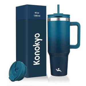 lot 9072 image: Konokyo 40 oz Tumbler with Handle and 2 Straws,2 in 1 Lid Insulated Water Bottle Stainless Steel Travel Coffee Mug,Indigo Black