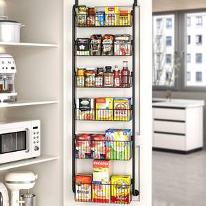 lot 9078 image: VECELO Kitchen Over the Door Organizer, 6-Tier Pantry Door Organizers and Storage, Metal Sturdy Over the Door Pantry Organizer, Easy Installation Over the Door Storage Spice Rack Shelves, Black
