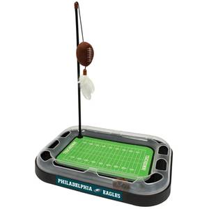 lot 9098 image: KITTY TOYS NFL PHILADELPHIA EAGLES FOOTBALL FIELD CAT SCRATCHER TOY with CATNIP Filled Plush FOOTBALL Toy and Feather Cat Toy hanging, with Jingle Bell INTERACTIVE BALL Cat Chasing 5-in-1 KITTY Toy