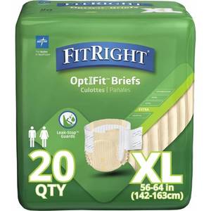 lot 9999 image: Medline FitRight OptiFit Extra Adult Diapers with leak stop guards, Disposable Incontinence Briefs with Tabs, Moderate Absorbency, X-Large, 56in-64in, 20 count