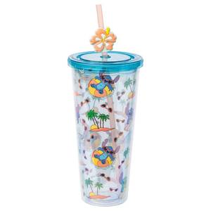 lot 10102 image: Silver Buffalo Disney Lilo and Stitch Chilling Beach and Palm Trees Pattern Plastic Cold Cup with Lid and Straw Topper, 24 Ounces
