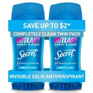 lot 10118 image: Secret Outlast Antiperspirant Deodorant for Women, 72hr Sweat and Odor Protection, PH Balancing Minerals, Invisible Solid, Completely Clean Scent, 2.6 oz (Pack of 2)