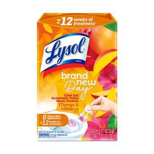 lot 10149 image: Lysol Click Gel Automatic Toilet Bowl Cleaner, Gel Toilet Bowl Cleaner, For Cleaning and Refreshing, Mango and Hibiscus, 6 Count (Pack of 1)