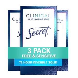 lot 10156 image: Secret Clinical Strength Antiperspirant Deodorant for Women, Free and Sensitive, 3X Stress Protection, 72hr Sweat and Odor Protection, PH Balancing Minerals, Invisible Solid, Unscented, 1.6 oz (Pack of 3)