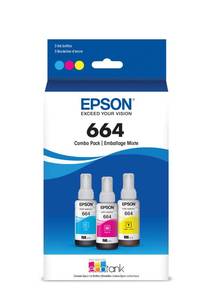 lot 10199 image: EPSON 664 EcoTank Ink Ultra-high Capacity Bottle Three Color CMY Combo Pack (T664520-S) Works with EcoTank ET-2500, ET-2550, ET-4500, ET-4550, ET-2600, ET-2650, ET-3600, ET-16500