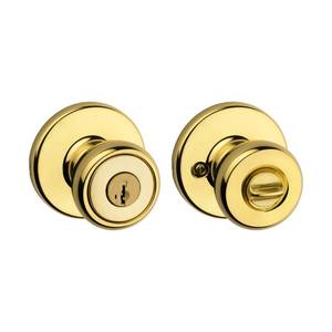 lot 10237 image: Kwikset Tylo Entry Door Knob with Lock and Key, Secure Keyed Handle Exterior, Front Entrance and Bedroom, Polished Brass, Pick Resistant SmartKey Rekey Security