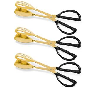 lot 10261 image: A 3-Pack Buffet Kitchen Tongs for Serving Food, 10 Inch Gold Stainless Steel Food Scissor Tongs with non-slip handle, Catering Utensil for Bread Salad Cake Steak