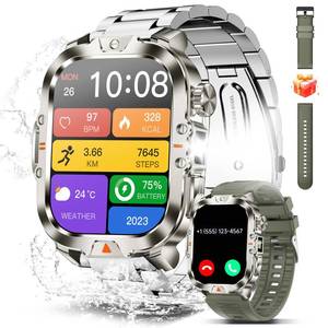lot 10263 image: BRUBOSES Smart Watch for Men Military AnswerMake Call 2.01 Display 170 Sports Modes Fitness Smart Watch IP68 Waterproof 30 Days Standby Smartwatch for Android iOS Silver (2 Straps)