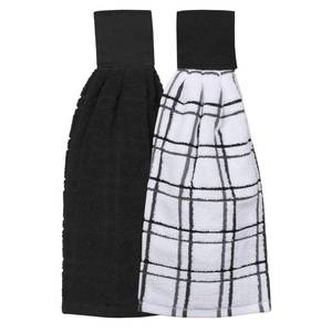 lot 10290 image: Ritz Premium 100% Cotton Solid and Multi Check Kitchen Tie Towel, Absorbent, Super Soft, and Fast Drying Hang Towel, Set of Two, Black