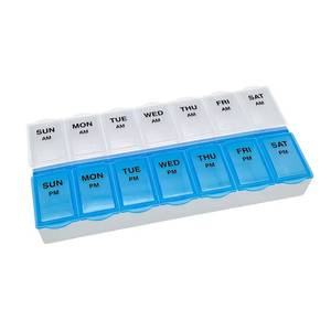 lot 10323 image: Amazon Basic Care (7-Day) AMPM Pill Organizer, Vitamin Case, And Medicine Box, Large Compartments, 2 Times a Day, Blue and Clear Lids