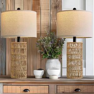 lot 11440 image: OYEARS 22.5in Boho Table Lamps Set of 2 for Living Room, Bedside Lamp for Nightstands, Rattan Lamp for Bedroom, Farmhouse Table Lamp for Room Decor, Brown