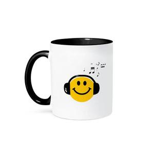 lot 11444 image: 3dRose 3dRose Music loving yellow smiley face with black headphones and musical notes - happy dj - deejay - Two Tone Black Mug, 11oz , , BlackWhite