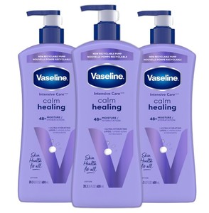 lot 3585 image: Vaseline Intensive Care calm healing Moisture Body Lotion 3 Pk Made with Ultra-Hydrating Lipids  Pure Oat Extract for Dry Skin, for Nourished, Healthy-Looking Skin 20.3 oz