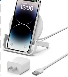 lot 6439 image: Belkin Quick Charge 10W Wireless Charger - Qi-Certified Charger Stand for iPhone, Samsung Galaxy - Charge While Listening to Music, Streaming Videos, and Video Calling - Includes AC Adapter - White