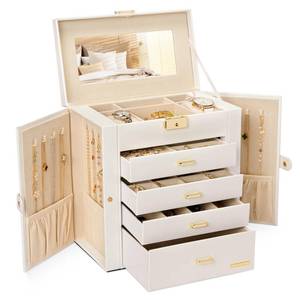lot 1226 image: Homde Synthetic Leather Huge Jewelry Box Mirrored Watch Organizer Necklace Ring Earring Storage Lockable Gift Case (White  Gold)