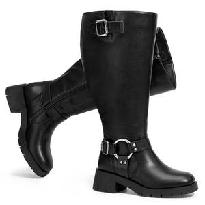 lot 1239 image: Pasuot Extra Wide Calf Boots for Women - Black Knee High Square Toe Wide Width Platform Plus Size Tall Boots with Side Zip, Elastic bands Buckle Chunky Heel Big Leg Fashion Motorcycle Boot 11 X-wide