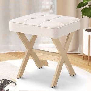 lot 1250 image: COSTASKF Ottoman Foot Stool,Upholstered Cushion Vanity Stool with Matte Sand Metal X-Leg,Small Make up Stool for Vanity,18 Inch Leather Foot Stool, Square Makeup Stool for Bedroom,Living Room, Flaxen