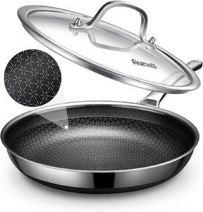 lot 1255 image: LIGTSPCE Non Stick Frying Pans, 12 inch with Lid Hybrid Frying Pans Nonstick,non stick Stainless Steel Skillets, DishwasherOven Safe Cookware, Induction Compatible, PFOA Free Cookware