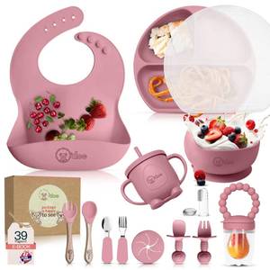 lot 1268 image: Odoe BPA-Free Silicone Baby Feeding Set  Thick and Soft Suction Plates, Baby Bowls, Wooden Fork and Spoon, and More  Make Mealtime Fun and Easy for Your Little One  Pink, V2