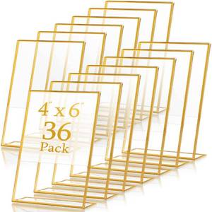 lot 1288 image: A 36 Pack Acrylic Sign Holder Gold Frame Table Numbers Slanted Back Menu Display Stand Clear Flyer Document Photo Display Holders Plastic Table Signs for Wedding Office(Vertical Style,4 x 6 Inch)
