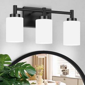 lot 1294 image: Lomoky 3-Light Bathroom Vanity Light Fixtures Over Mirror, Rustproof Vanity Lights for Bathroom, Modern Black Bathroom Lights Wall Mount with Milky White Glass Shades for Bedroom Living Room