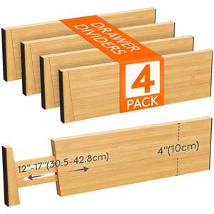 lot 1309 image: Lifewit 4 Pack Drawer Dividers Bamboo 4in High, 12-17in Adjustable Drawer Organizers for Clothes, Expandable Dresser Separators in BedroomBathroomKitchenFridgeOffice Organization and Storage