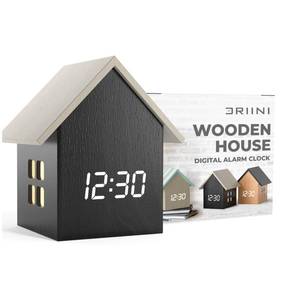 lot 2171 image: Driini Digital House Shaped Alarm Clock with Temperature Display (Dark Wood) � Modern Aesthetic with Cute Cube Frame and White LED Dimmer - Perfect Large Desk Clock for Bedside Table or Bedroom Mantle