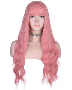 lot 2191 image: AMZCOS Long Wavy Pink Wig with Bangs for Women Heat Resistant Synthetic Hair Wigs for Daily, Cosplay Events (Pink)