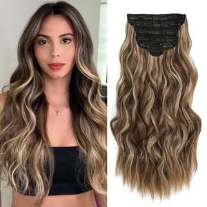 lot 2192 image: Fliace Highlight balayage dark brown Hairpieces, Natural and Blends Well Clip in Hair Extensions (20inch, 6pcs, Chocolate BrownandHoney Blonde)
