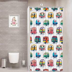 lot 2234 image: JAWO Camper Curtains RV Shower Curtain for Camper Trailer Camping Bathroom, Retro RV Fun Camping, Rv Shower Curtains Happy Camper Stall Shower Curtain with Hooks Set, 36x70 Inches