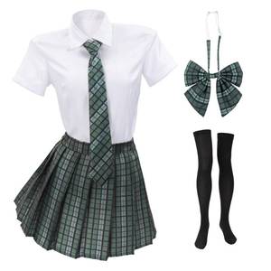 lot 2291 image: PROCOS US Size Schoolgirl Costume Women Japanese Uniform Outfit with Plaid Bow Tie 5 PCS Dark Green