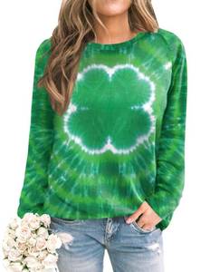 lot 2303 image: For G and PL St. Patricks Day Irish Long Sleeve Round Neck Top Women Green Shamrock Print Sweatshirt Clover Tie Dye M