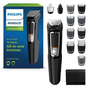 lot 2306 image: Philips Norelco Multigroom 3000 Series, All-in-One Trimmer, Beard Trimmer and Hair Clipper, 15-Piece Mens Grooming Kit for Head, Beard, Face, Nose, Ears, No Blade Oil Needed, Soft Pouch, MG377040