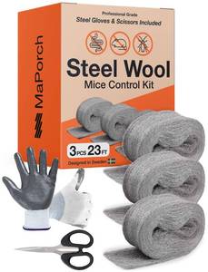 lot 2307 image: MaPorch Steel Wool for Mice Control - Wool Gap Filler for Home and Garage - DIY Bundle with Gloves and Scissors - Mouse Deterrents That Work - 3 Pack, 3.2in x 7.5 ft