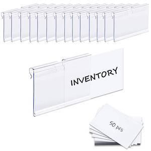 lot 2315 image: A 50PCS Basket Bin Labels Clip On,ChanQnTon Clear Plastic Labels for Storage Bins, Wire Shelf Price Tags,Merchandise Sign Display Holder,50PCS 6X4CM Paper Inserts Included.