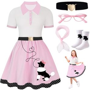 lot 2353 image: PARTTELY Poodle Skirt, 50s Outfit for Girls, 5PC 1950s Sock Hop Costume with Glasses,Waistband,Scarf and Sock for Halloween