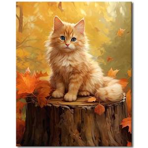 lot 2372 image: TUMOVO Paint by Numbers Yellow Cat, Paint by Number for Adults and Beginner Canvas, Animal Landscape Maple Leaves Oil Painting Kits, Perfect for Office Wall Decoration 16x20inch (Without Frame)