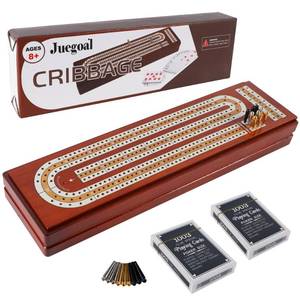 lot 2383 image: Juegoal Upgrade Wood Cribbage Board Game Set, Solid Wooden Continuous 3 Track Board with Larger Storage Area, 9 Metal Pegs and 2 Decks of Playing Cards, Travel Portable Cribbage Game Sets