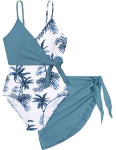 lot 2407 image: Tomolant Girls Swimsuits Size 10-12 One Piece Bathing Suit Blue Tropical Print with Adjustable Straps GirlsSwimwear with Cover Up