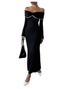 lot 2411 image: GORGLITTER Womens Off The Shoulder Bell Sleeve Bodycon Maxi Dress Birthday Cocktail Dinner Fishtail Long Dress Black X-Small