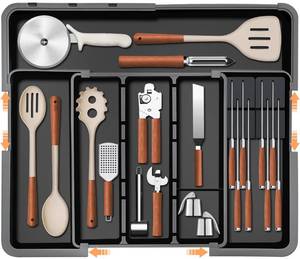 lot 3273 image: Homecor Utensil Drawer Organizer, Large Expandable Silverware Organizer for Kitchen Drawer, Cooking Utensils Tray Cutlery Flatware Holder with Removable Knife Blocks, Kitchen Gadgets Storage, Black
