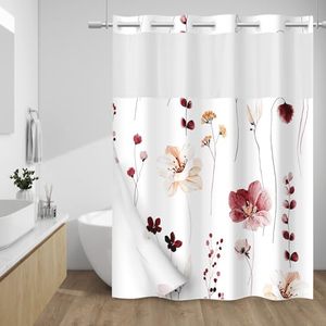 lot 3282 image: WITHLOC No Hook Shower Curtain with Snap in Liner - Floral Shower Curtain - Fabric Waterproof Inner Liner, Plants Watercolor Burgundy Flower Modern Shower Curtains - Machine Washable, 71 x 74