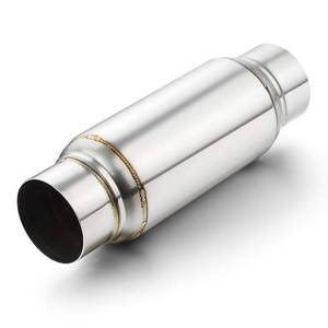 lot 3295 image: Exhaust Resonator 3in Inlet, A-KARCK 3in Inlet 3in Outlet 12in Overall Length Muffler Resonator Deep Tone Clear Up Rasp