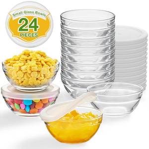 lot 3297 image: 12 Pack 3.5 Inch Small Glass Bowls with 12 Pack Lids, 4 oz Mini Glass Containers, Ramekins, Pinch Bowls, Condiment Containers, for Prep, Dips, Nuts, Snacks, Candy Meal Prep Bowls, Dessert Bowls
