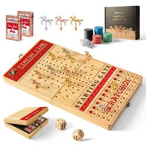 lot 3301 image: Horse Race Board Game, Large 21in Horse Racing Board Game with 11 Luxury Metal Horses, Foldable Solid Wood Horse Racing Game with Tokens, 2 Sets of Dice, 2 Boxes of Cards for Parties