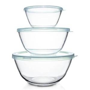 lot 3319 image: Luvan Glass Mixing Bowl with Lids Set(4.5QT,2.7QT,1.1QT), 3PC Large Glass Mixing Bowls Set, Glass Nesting Bowls, Clear Salad Mixing Bowl for Kitchen, Storage, Cooking, Baking, Prepping,Dishwasher Safe